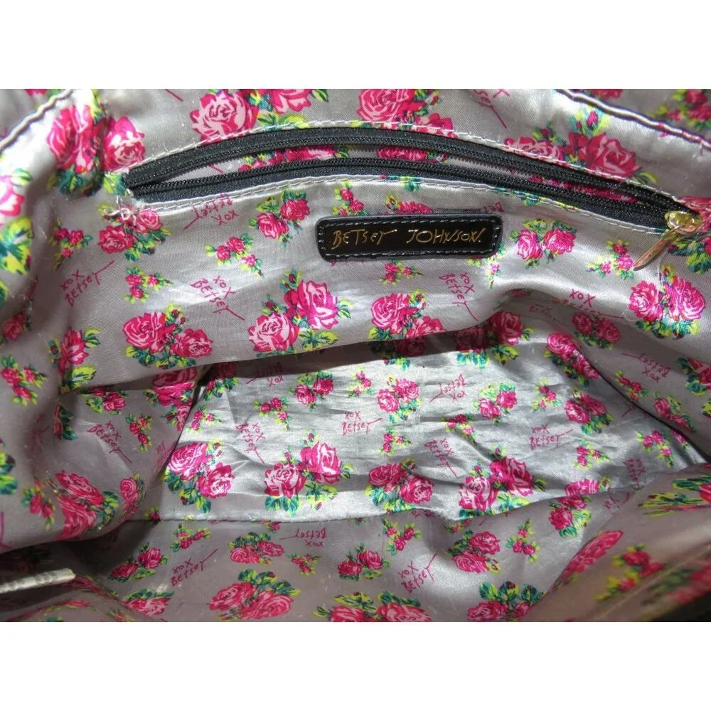 Betsey Johnson Black & White Chevron Accented Tote Large Crossbody Boho Handbag